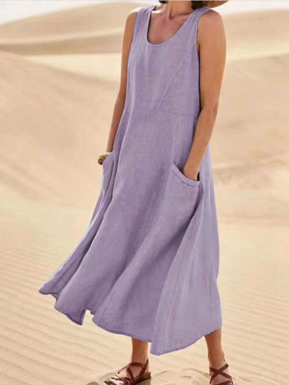 Women’s Purple Sleeveless A-Line Maxi Dress with Pockets – Casual Loose Fit
